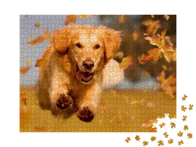 Puzzle 1000 Teile „Golden Retriever beim Toben durch Herbstlaub“