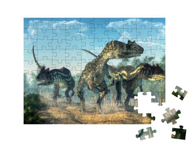 Puzzle 100 Teile „Drei Allosaurier wirbeln Staub auf, Jäger auf Beutezug“