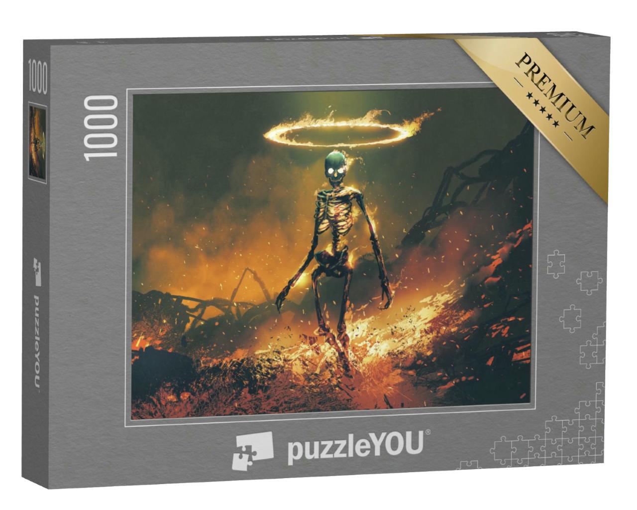Puzzle 1000 Teile „Horror-Charakter: Dämon, Skelett, Feuer, Flammen, Höllenfeuer, digitale Kunst“
