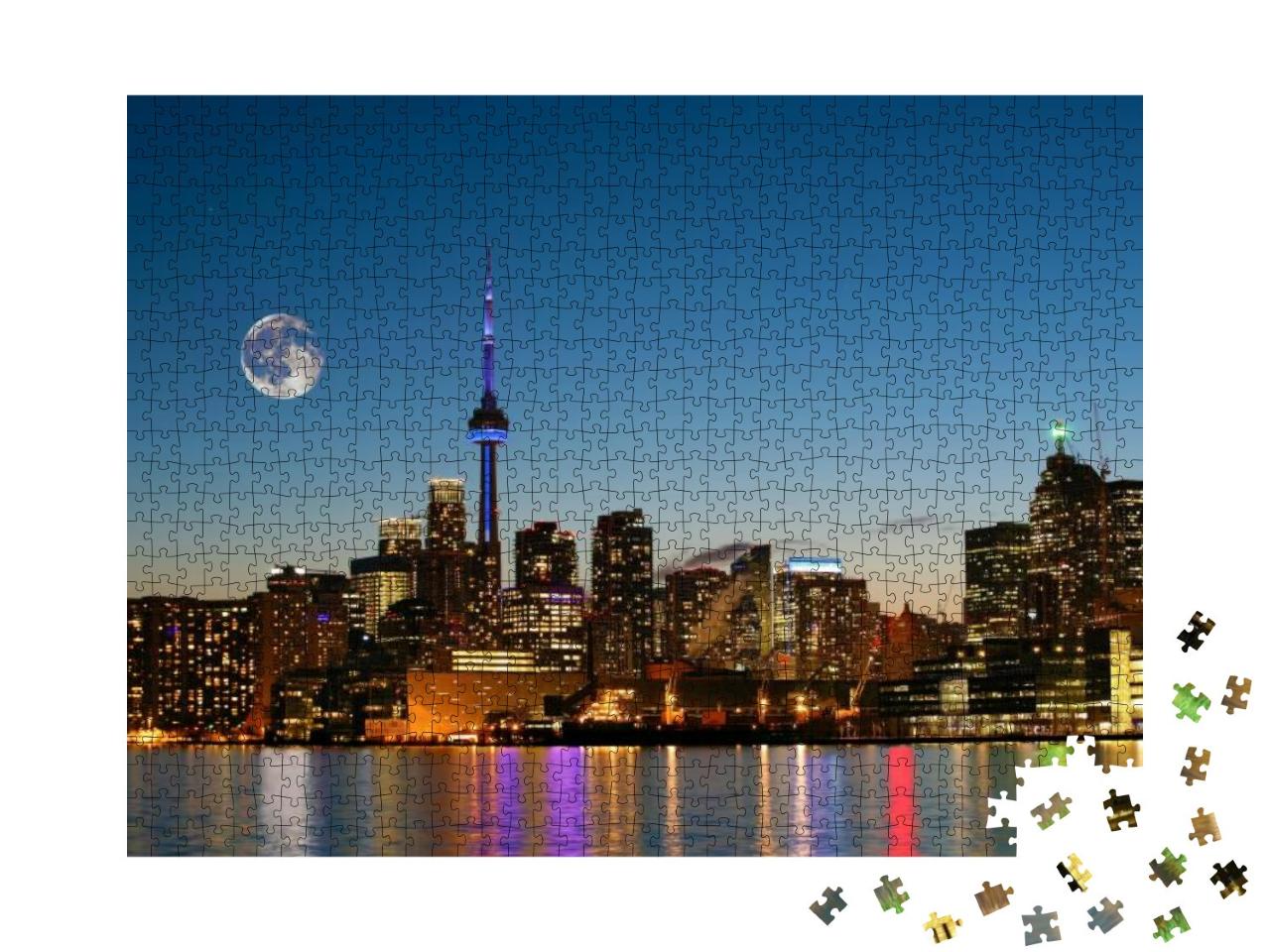Puzzle 1000 Teile „Aufgehender Mond über Toronto, Kanada, Skyline“