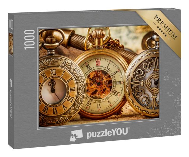 Puzzle 1000 Teile „Drei antike Taschenuhren in Gold auf einer Weltkarte“
