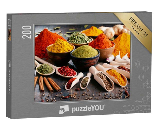 Puzzle 200 Teile „Eine Vielzahl von Gewürzen und Kräutern auf dem Küchentisch“