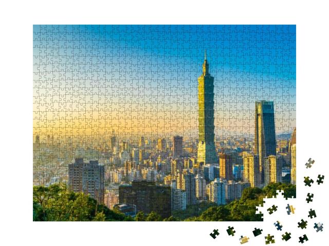 Puzzle 1000 Teile „Schönes Stadtbild mit dem Wolkenkratzer Taipei 101, Skyline in Taiwan“