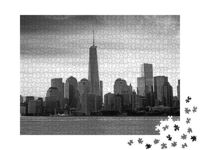 Puzzle 1000 Teile „Blick auf Manhattan Island vom Hudson River aus, schwarz-weiß“