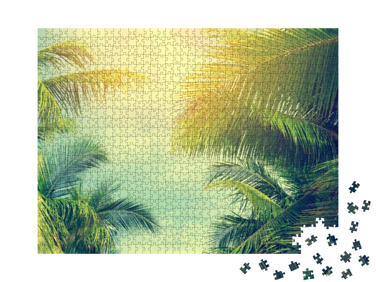 Puzzle 1000 Teile „Blick nach oben: Palmen unter blauem Himmel, vintage-getönt“