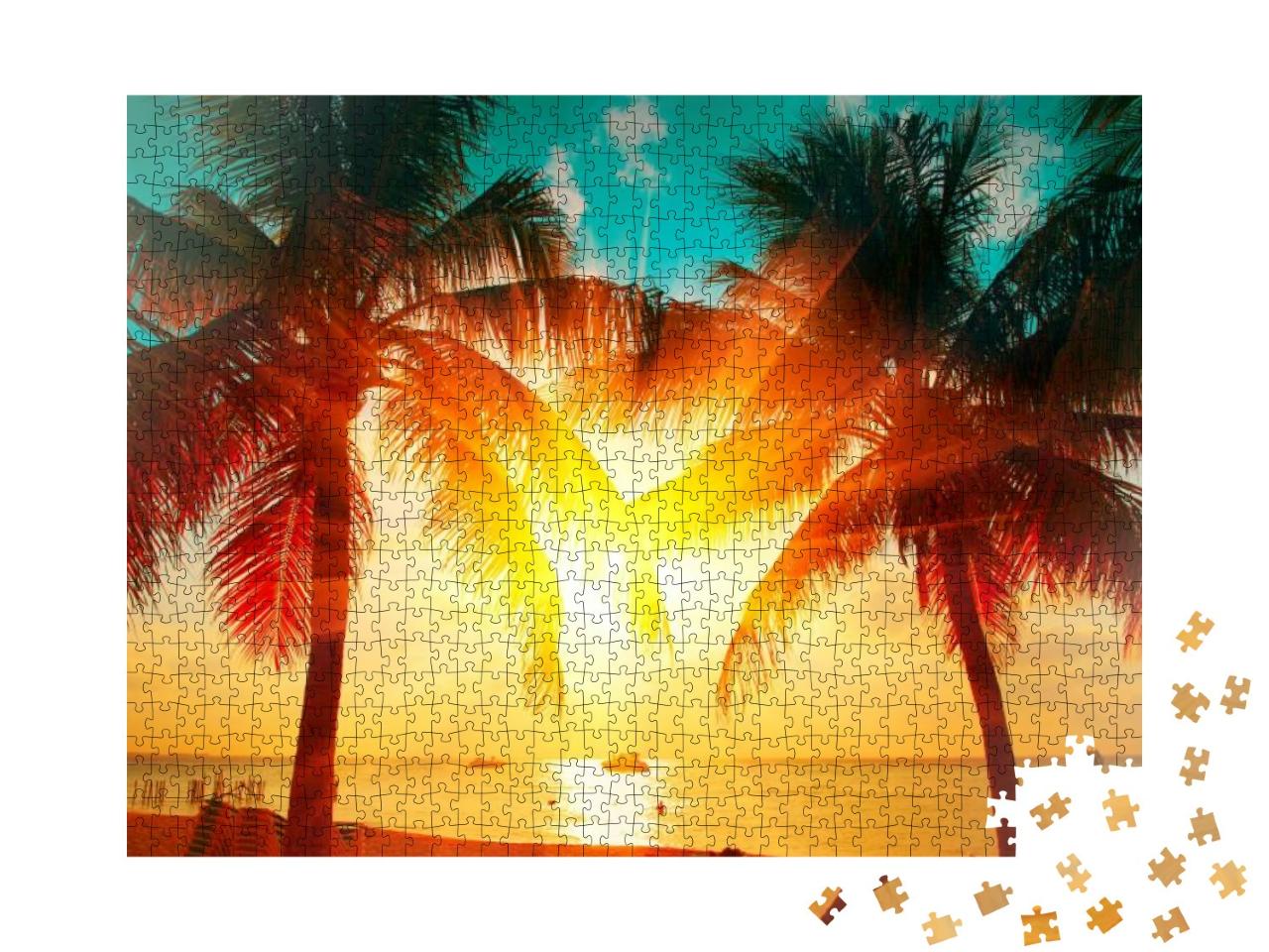 Puzzle 1000 Teile „Karibisches Feeling: Sonnenuntergang am Palmenstrand“