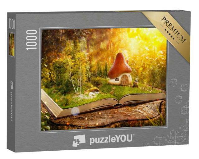 Puzzle 1000 Teile „Digitale Kunst: Magisches Pilzhaus im verwunschenen Bücherwald“