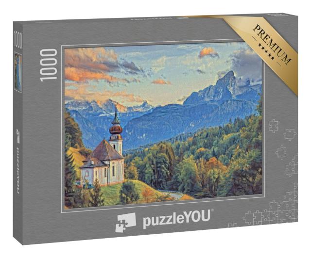 Puzzle 1000 Teile „im Stil von Paul-Cezanne - Watzmann mit Kirche Maria Gern - Puzzle-Kollektion Künstler & Gemälde“