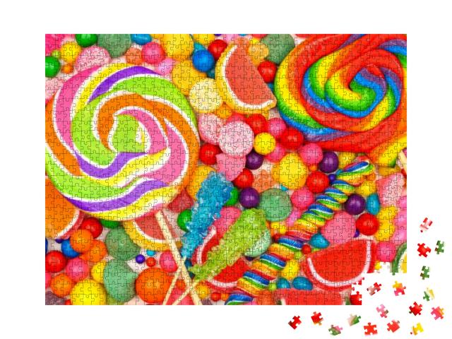 Puzzle 1000 Teile „Verschiedene Süßigkeiten, darunter Lutscher, Kaugummikugeln und Geleebonbons“