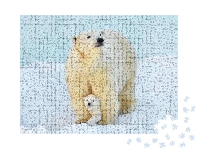Puzzle 1000 Teile „Ein Eisbär mit einem kleinen Bärenjungen im Schnee“