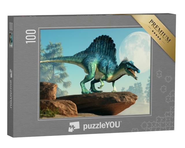 Puzzle 100 Teile „3D-Illustration: ein Spinosaurus auf einer Klippe bei Mondschein“