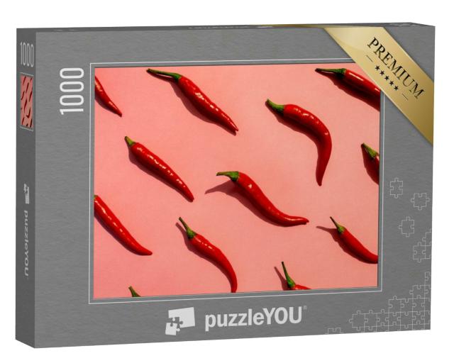 Puzzle 1000 Teile „Rote Chilischoten: Muster auf rosa Hintergrund“