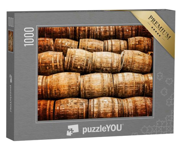 Puzzle 1000 Teile „Stapel von alten Whisky- und Weinfässern im Vintage-Stil“