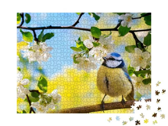 Puzzle 1000 Teile „Frühling: Blaumeise sitzt auf einem Zweig eines blühenden Apfelbaums“