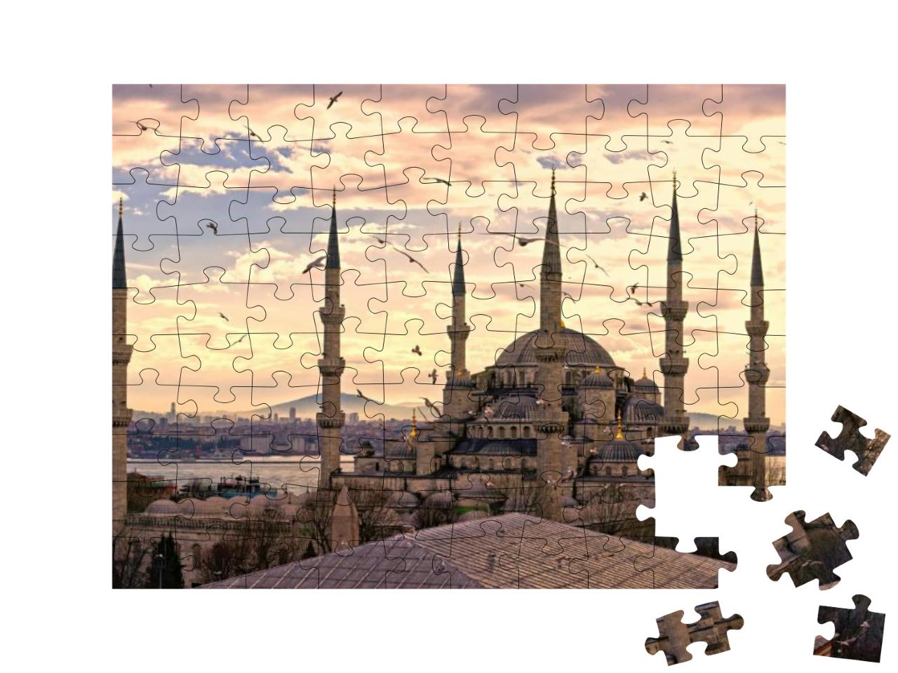 Puzzle 100 Teile „Sonnenuntergang über der Blauen Moschee, (Sultanahmet Camii), Istanbul, Türkei“