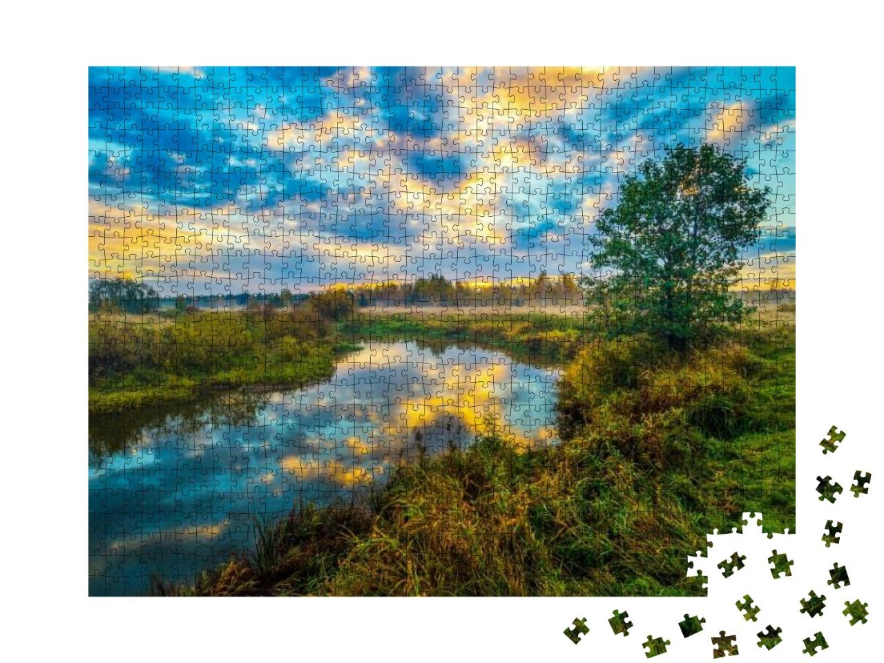 Puzzle 1000 Teile „Sonnenuntergang am Fluss in unberührter Natur“