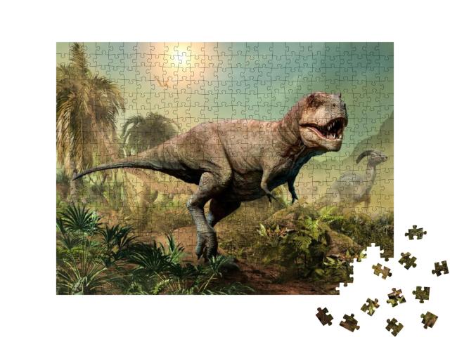 Puzzle 500 Teile „Tyrannosaurus rex, 3D-Illustration einer Szene“