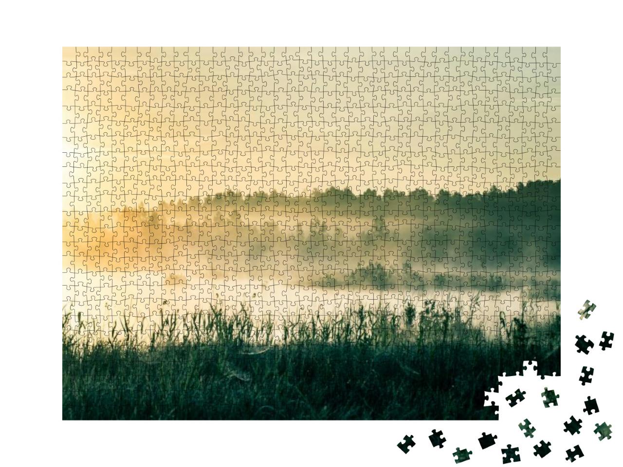 Puzzle 1000 Teile „Feuchtgebietslandschaft mit Sonne, Lettland, Nordeuropa“
