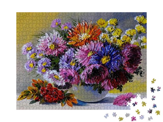 Puzzle 1000 Teile „Ölgemälde auf Leinwand, Stillleben Blumen auf dem Tisch“