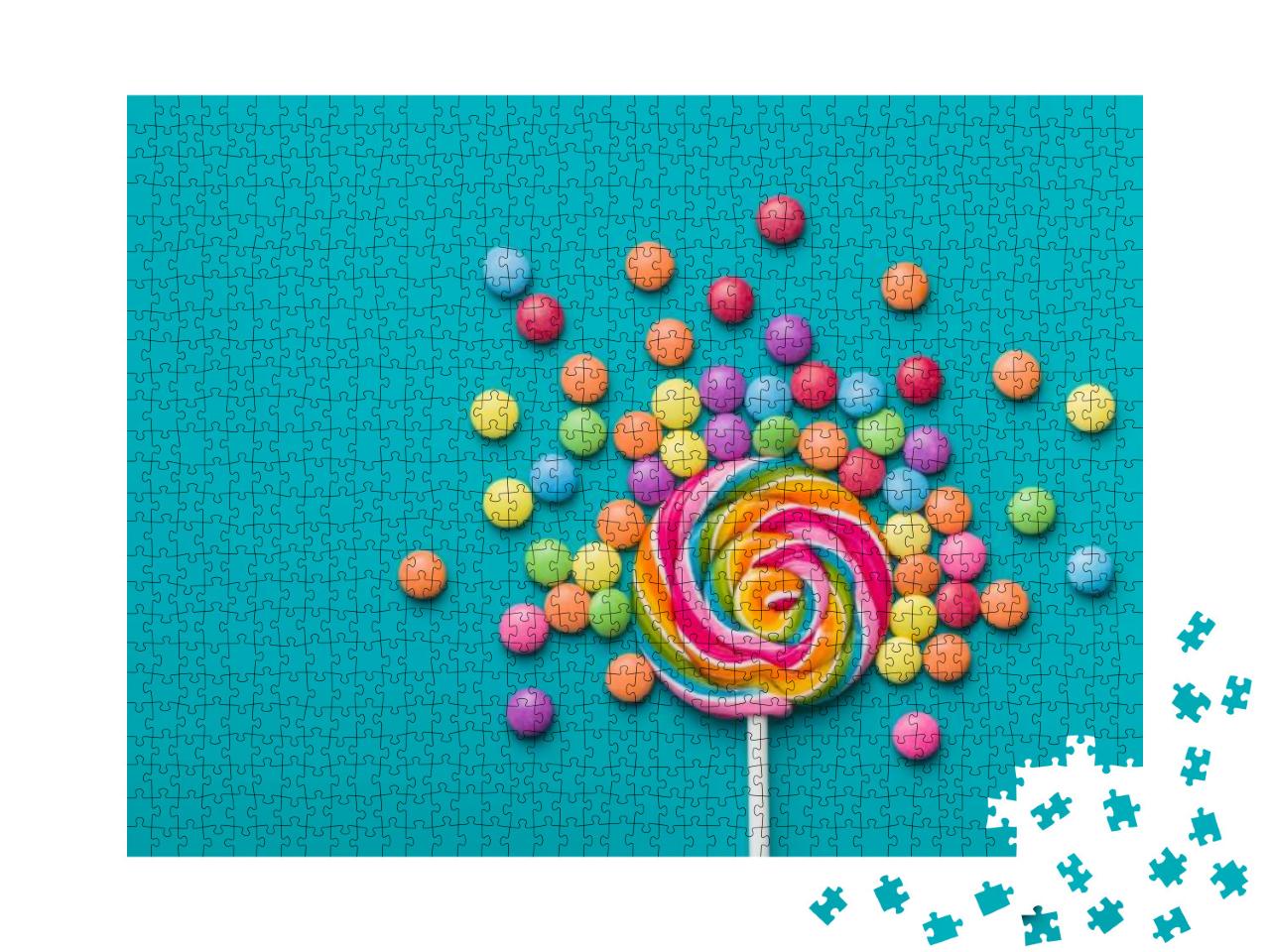 Puzzle 1000 Teile „Süßer Lutscher und bunte Smarties auf blauem Hintergrund“