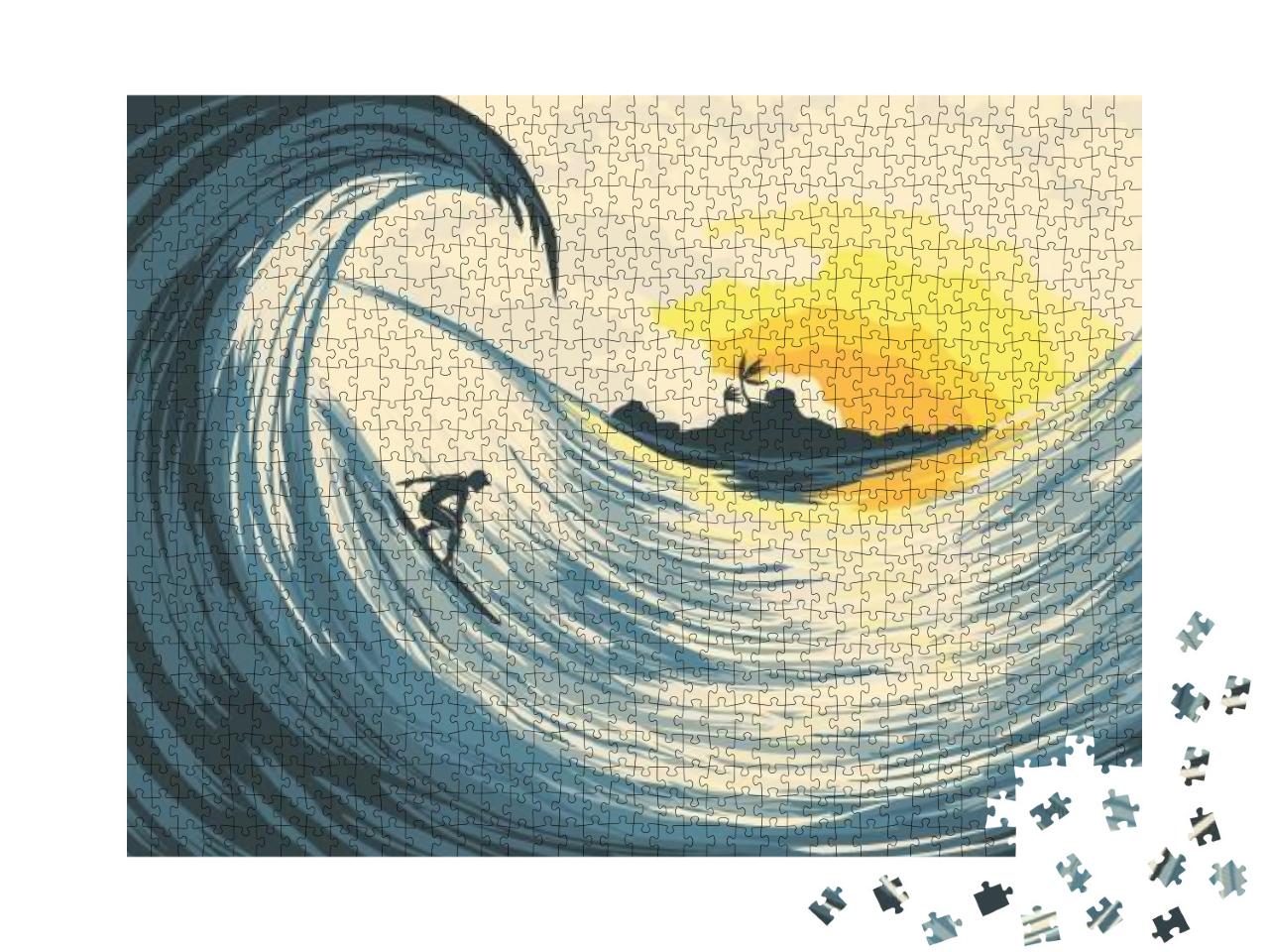 Puzzle 1000 Teile „Tropische Insel: Welle und Surfer bei Sonnenuntergang“
