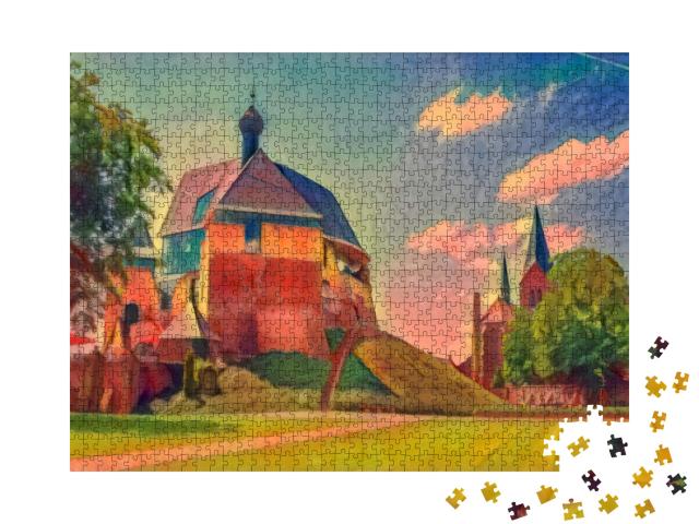 Puzzle 1000 Teile „im Kunst-Stil von Franz Marc - Schloss und Kirche in Keverburg an der Maas, Niederlande“