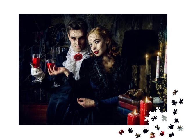 Puzzle 1000 Teile „Schöne Vampire, Mann und Frau mit mittelalterlicher Kleidung, Halloween“