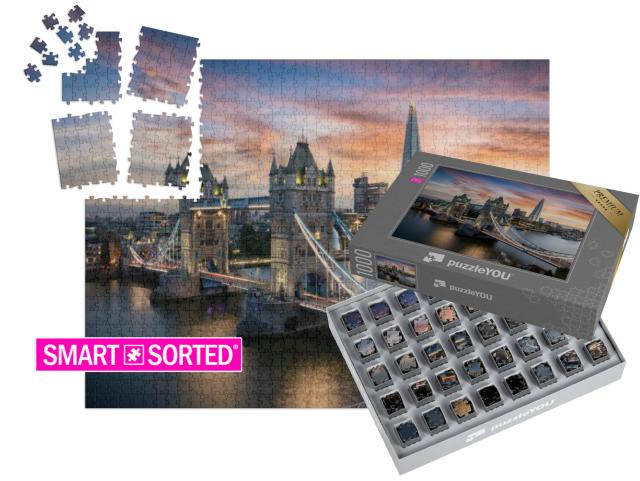 SMART SORTED® | Puzzle 1000 Teile „Blick auf die abendlich beleuchtete Tower Bridge, London, England“