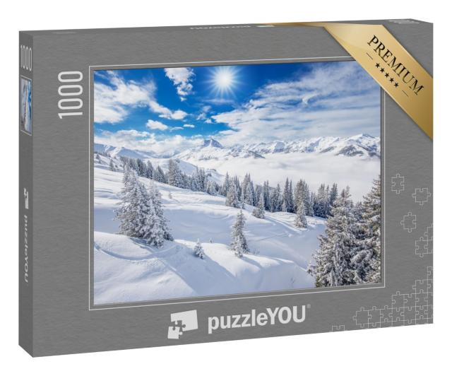 Puzzle 1000 Teile „Bäume bedeckt mit frischem Schnee in den Alpen, Winterzauber“