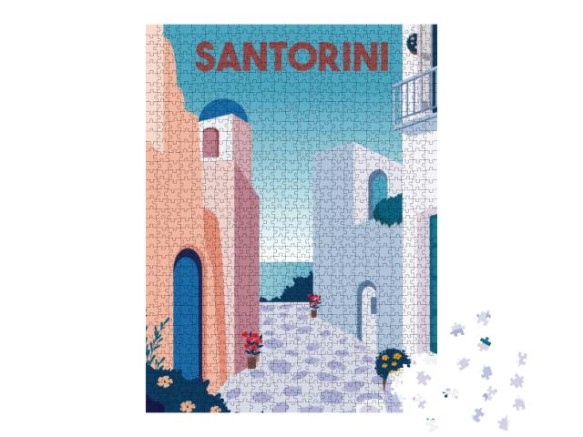 Puzzle 1000 Teile „Santorini Vektor-Illustration mit histroischen Gebäuden“