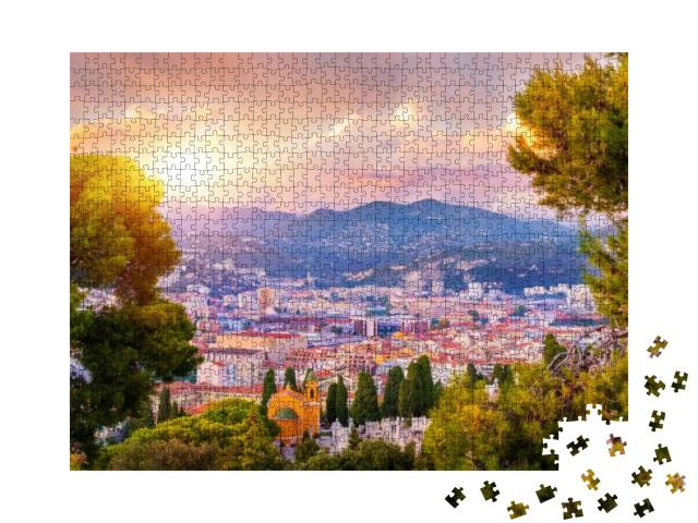 Puzzle 1000 Teile „Luftaufnahme von Nizza, Cote d'Azur bei Sonnenuntergang, Frankreich“