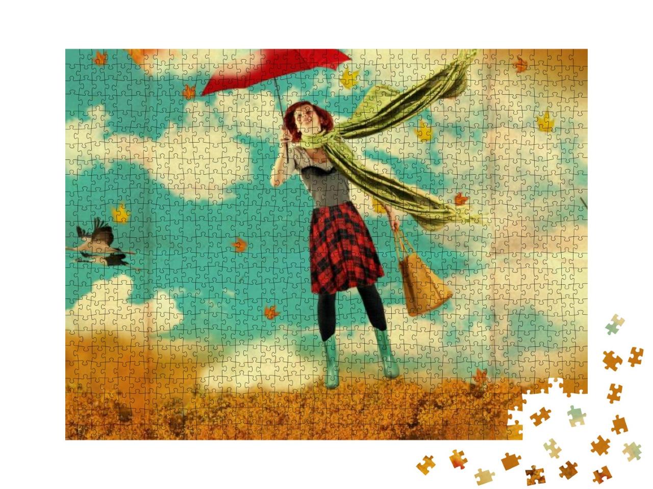Puzzle 1000 Teile „Retro-Postkarte mit junger Frau, Regenschirm, Gummistiefel, Vintage-Textur“