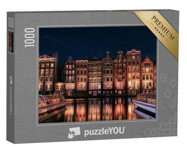 Puzzle 1000 Teile „Die tanzenden Häuser von Amsterdam bei Nacht, Niederlande“