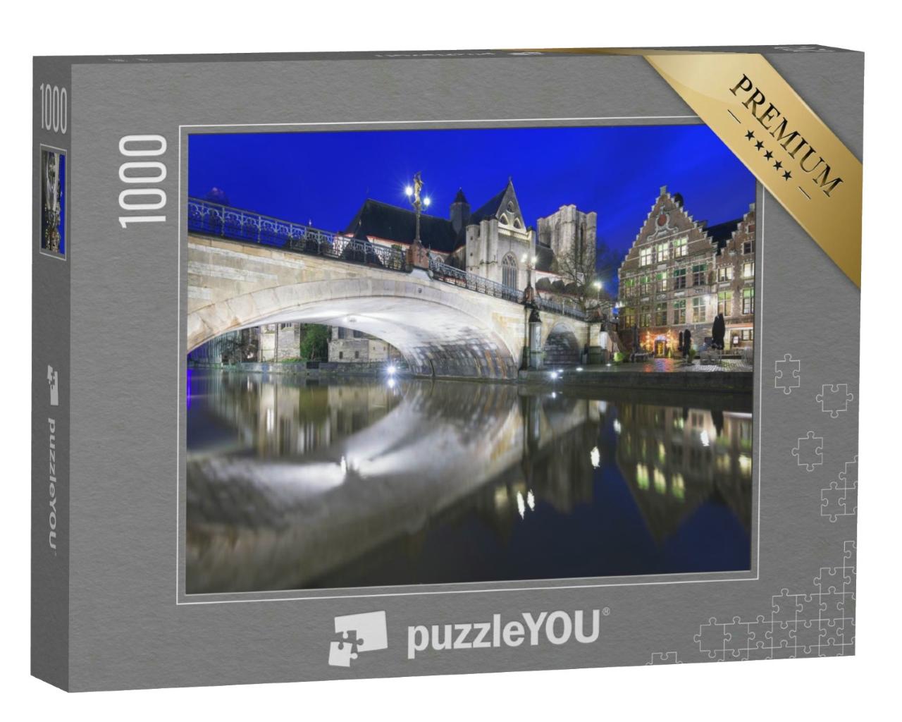 Puzzle 1000 Teile „Gent, Belgien Altstadt Stadtbild bei Nacht an der Leie mit St. Michaelskirche und Brücke“