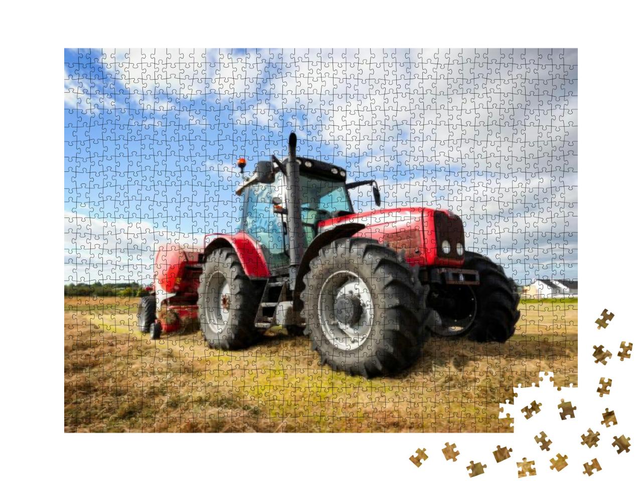 Puzzle 1000 Teile „Großer Traktor sammelt Heuhaufen auf dem Feld an einem sonnigen Tag“