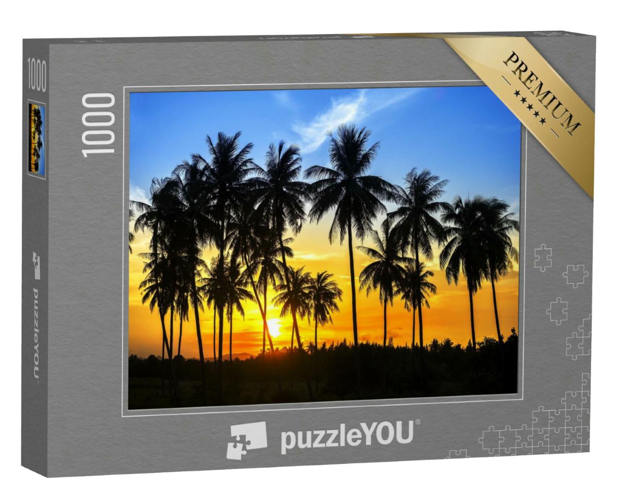 Puzzle 1000 Teile „Silhouetten von Kokosnusspalmen im bunten Sonnenuntergang“
