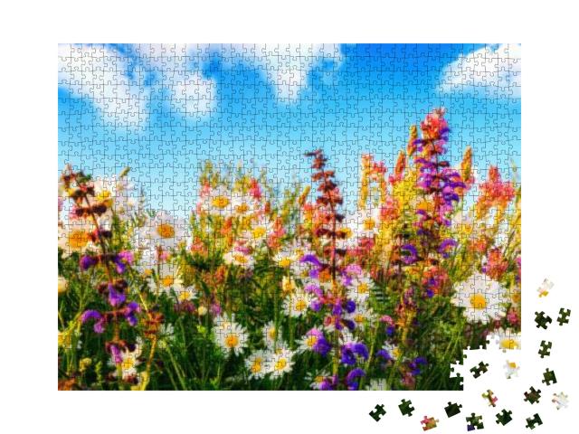 Puzzle 1000 Teile „Bunte Frühlingsblumen auf einer Wiese“