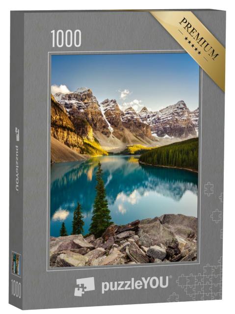 Puzzle 1000 Teile „Der Moraine See im Sonnenuntergang der kanadischen Rocky Mountains“