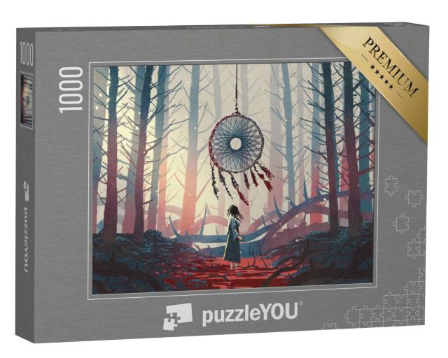 Puzzle 1000 Teile „Fantasy-Illustration: Der Traumfänger im geheimnisvollen Wald“