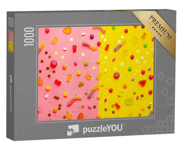 Puzzle 1000 Teile „Verschiedene Gummibärchen auf einem gelb-rosa Hintergrund“
