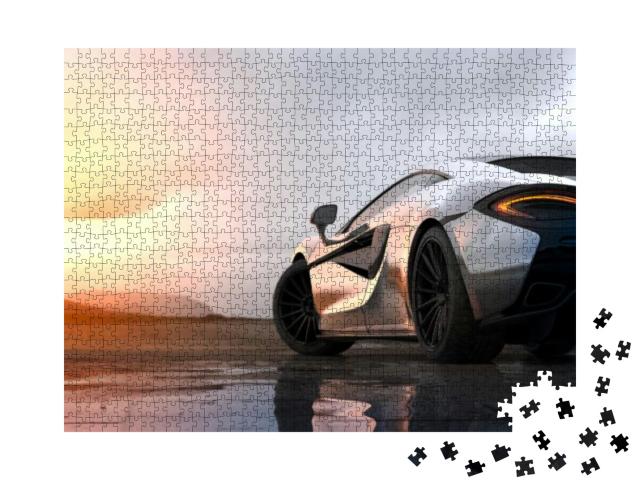 Puzzle 1000 Teile „Silberner Luxus-Sportwagen im Sonnenuntergang“
