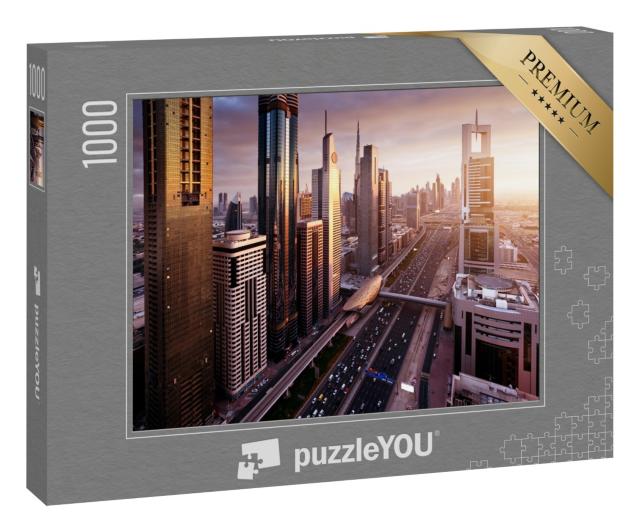 Puzzle 1000 Teile „Skyline von Dubai in der Zeit des Sonnenuntergangs, Vereinigte Arabische Emirate“