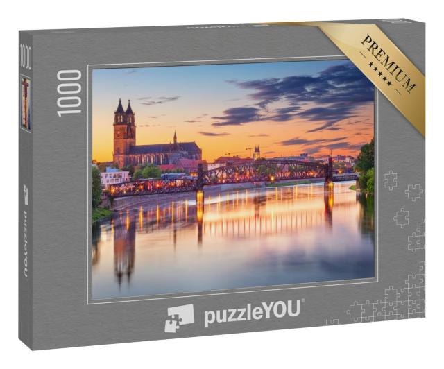 Puzzle 1000 Teile „Stadtbild Bild von Magdeburg mit der Elbe im Sonnenuntergang, Deutschland“