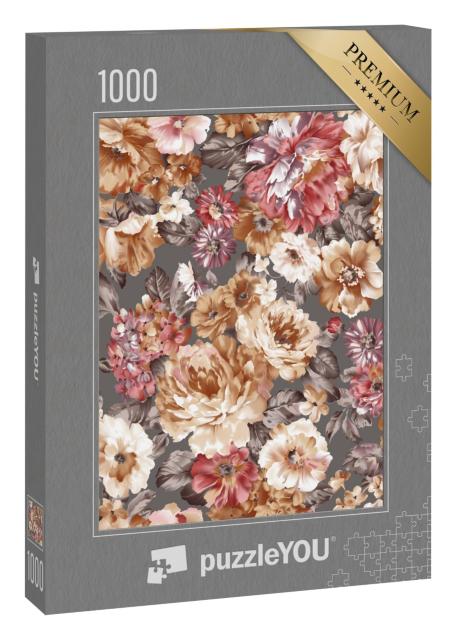 Puzzle 1000 Teile „Nahtlose schöne Aquarell-Textur mit bunten Blumen und grauem Hintergrund“