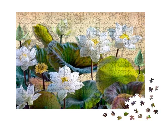 Puzzle 1000 Teile „Digitale Illustration: Blühende weiße Lotusblumen“