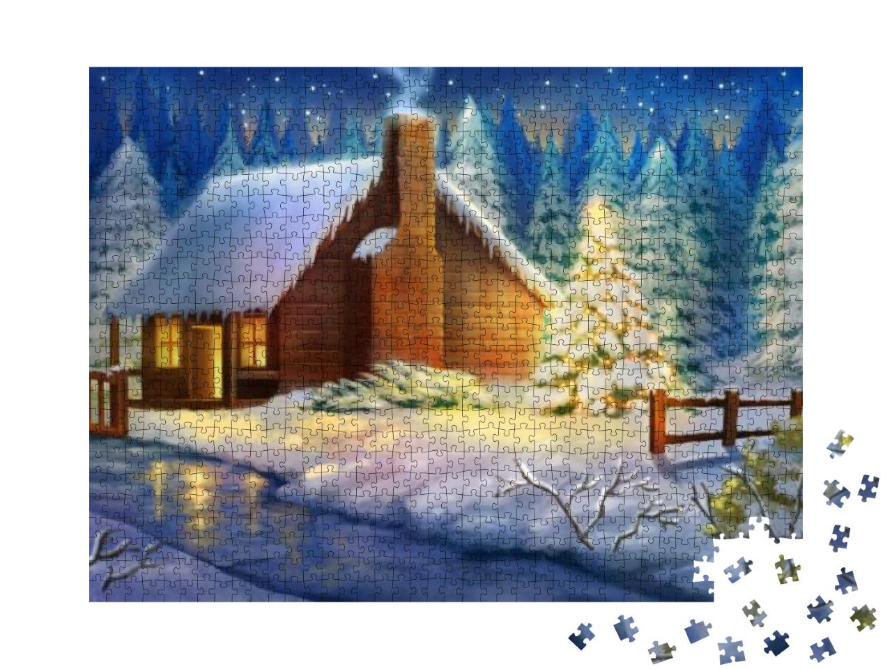 Puzzle 1000 Teile „Illustration: Weihnachtsnacht über einer verschneiten Hütte im Wald“