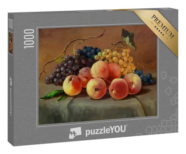 Puzzle 1000 Teile „Reife, saftige Pfirsiche und Weintrauben auf dem Tisch, Ölgemälde auf Leinwand“