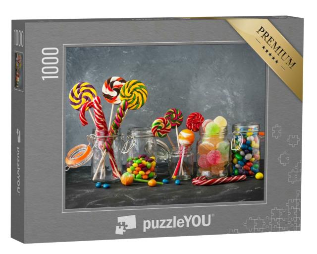 Puzzle 1000 Teile „Candybar mit bunten Lutschern, Bonbons und Gummibärchen im Glas“