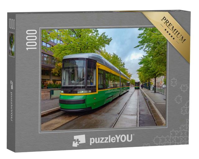 Puzzle 1000 Teile „Finnland, moderne Straßenbahn auf der Straße von Helsinki“