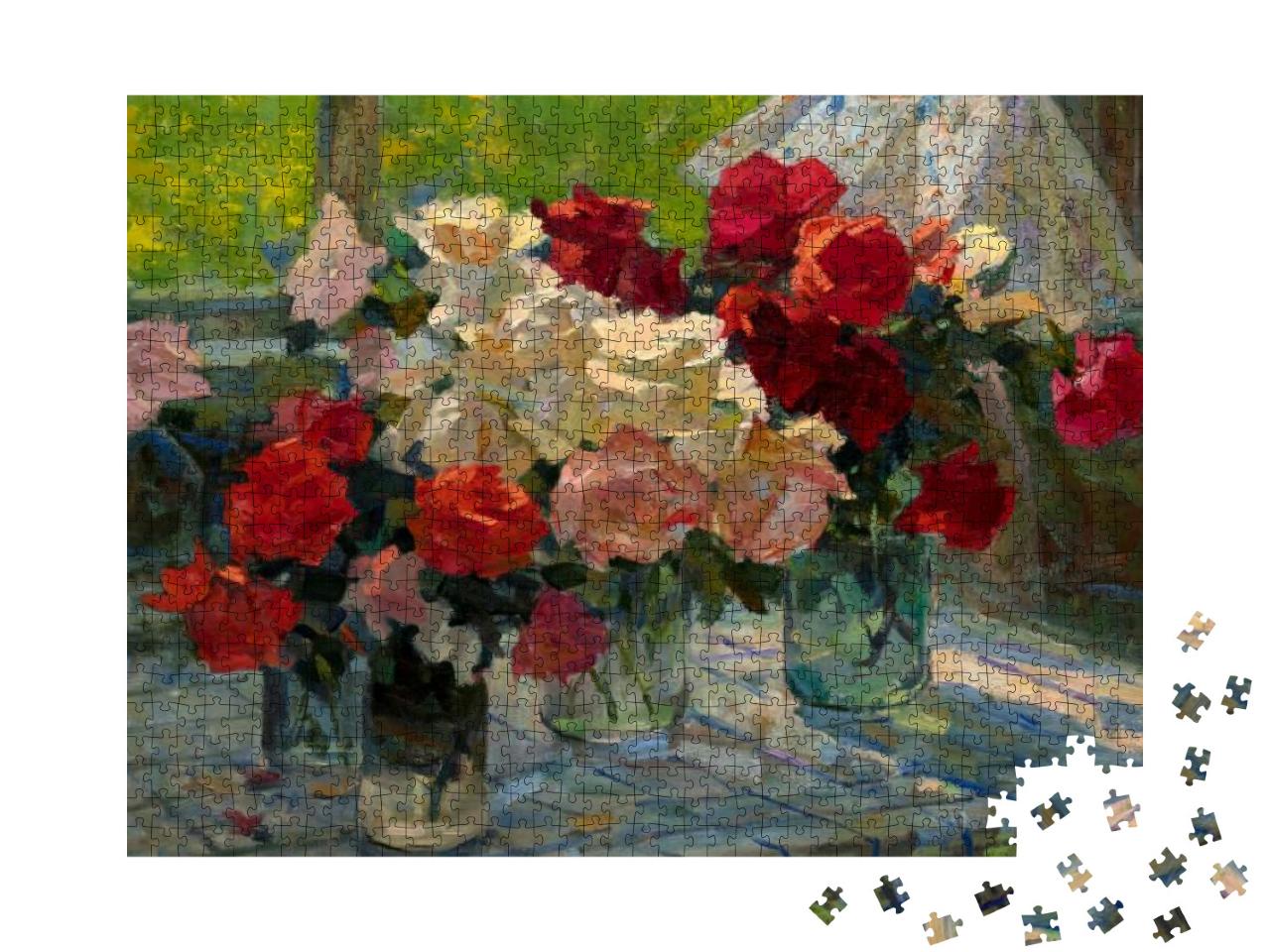 Puzzle 1000 Teile „Stillleben: Blumensträuße in Vasen, Ölgemälde“